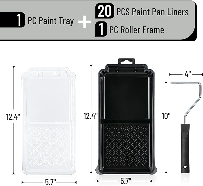 Bates- 4 Inch Paint Tray Set, 22 pcs, 1x 4 Inch Paint Roller Tray, 20x Disposable Plastic Liners & 1x Roller Frame