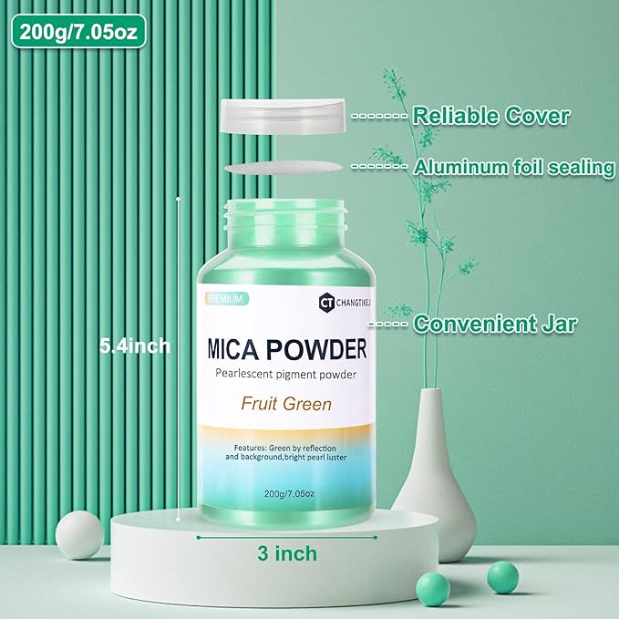 Mica Powder,200g/7.26oz Large Jar,Fruit Green Mica Powder Pigment for Epoxy Resin，Lip Gloss，Paint，Dye，Soap Making，Nail Polish,Candle Making,Bath Bombs