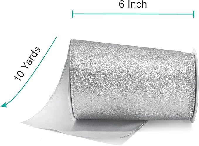 CT CRAFT LLC Glitter Wired Ribbon 6" x 10 Yards Silver for Christmas Home Decor Bow Gift Wrapping DIY Crafts Wreath