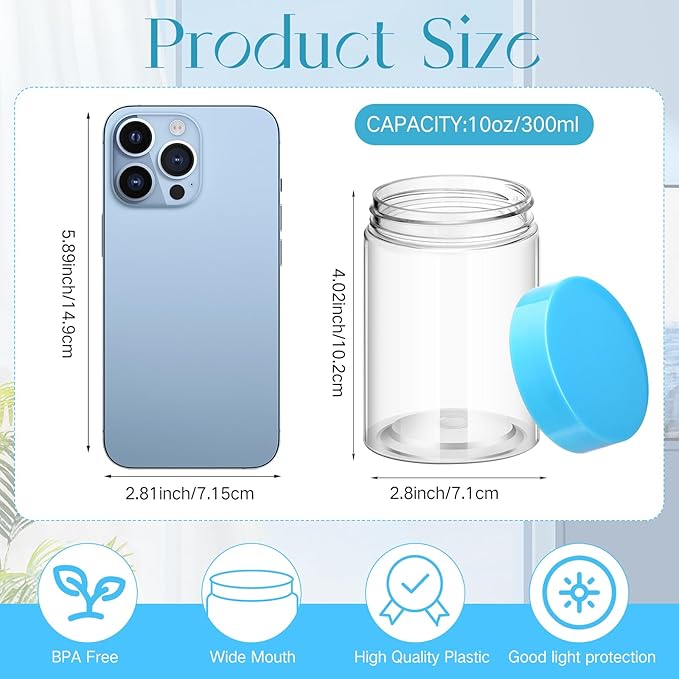 SATINIOR 12 Pack 10 oz Plastic Container Jars with Lids Round Clear Travel Cosmetic Container Slime Jars for Toiletries, Lotion, Cream, Ointments, Makeup, Rhinestone, Samples, Kitchen Storage(Blue)