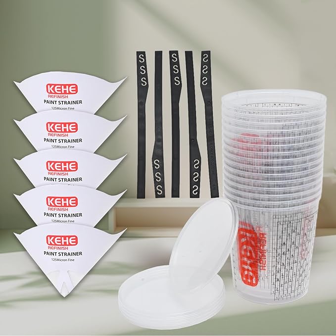 15 PACK Paint Mixing Cups by KEHE REFINISH,64 oz (1900ml),Disposable or Reusable Plastic Measuring Cups with Lids for Liquids, Paints, Resin, Epoxy, Art,Ratios 1:1,2:1, 3:1, 4:1,5:1,6:1,7:1,8:1