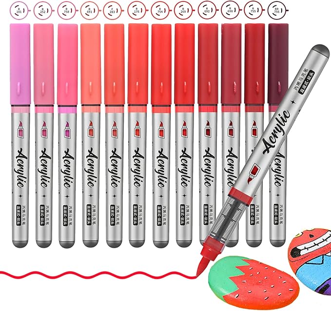 Red Acrylic Paint Pens,12 Color Paint Pens Markers,Brush Tip Paint Pens for Rock Painting Wood Glass Ceramic Canvas Stone DIY Crafts Making Art Supplies