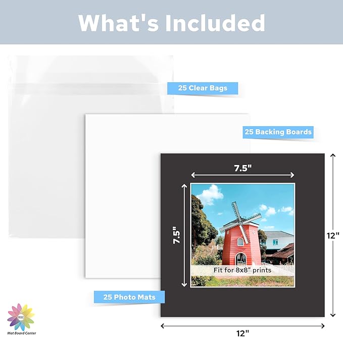 Mat Board Center, Pack of 25, 12x12 for 8x8 Black Mat Kit - Acid Free, 4-ply Thickness, White Core - Includes Backing Boards and Clear Bags - for Pictures, Photos, Framing