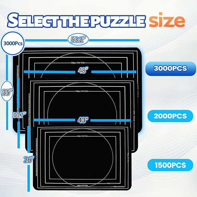 Jigsaw Puzzle Mat Roll Up, Portable Saver Pad 53” x 35” Up to 3000 Pieces, Puzzle Matt Rollup with Non-Slip Rubber Bottom & Smooth Top. (6 Sorting Trays & 1 Storage Bag)
