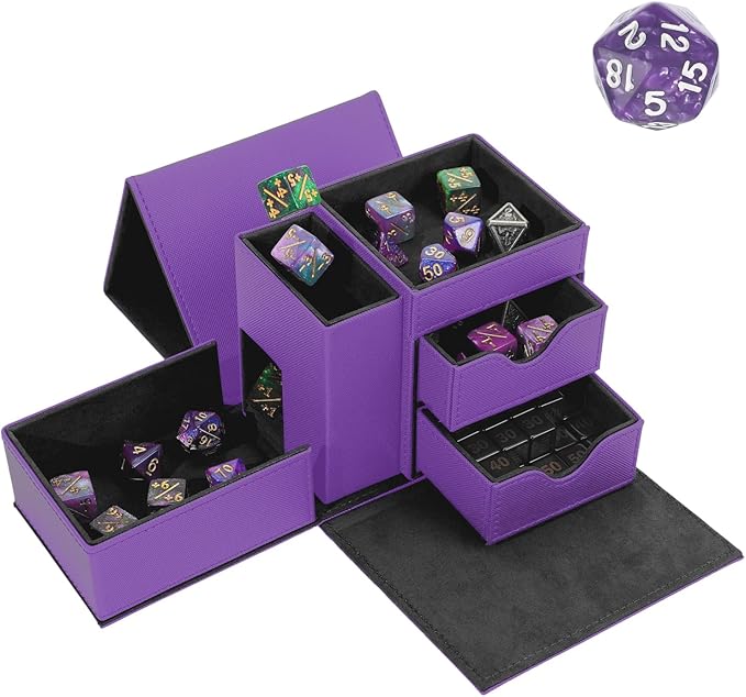 Dice Tower & Dice Tray Storage Box, 3 in 1 Dice Holder Case (Rolling Tower Storage Drawers, Dice Rolling Tray), Leather Magnetic Closure DND Accessories Gifts for RPG MTG, Violet/Black