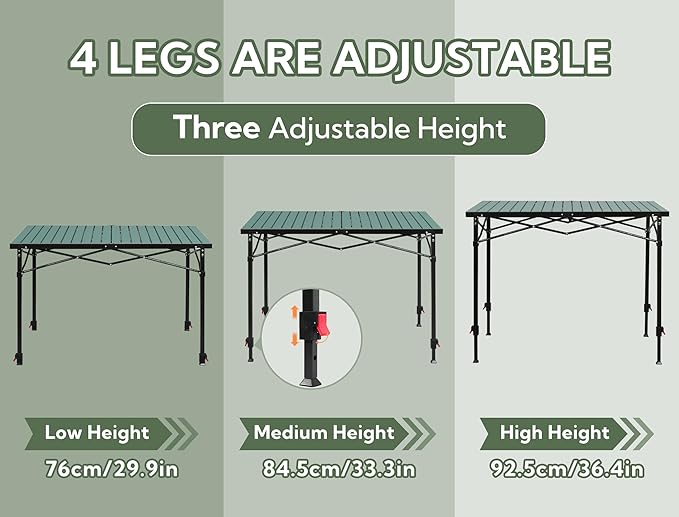 Portable Outdoor Adjustable Height Camping Table, Large for 2-6 Person, Foldable Roll-up Aluminum Camp Table with Carry Bag for Picnic, Camp, Sturdy, Stable, Loads 220 Lbs (Green)