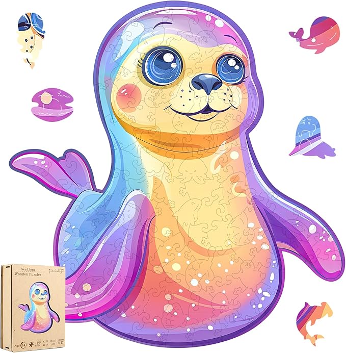 Wooden Puzzles for Adult and Kids, 100 Pieces Ocean Puzzle, Unique Shaped Sea Lions Wooden Preschool Puzzle, Toddler Wooden Puzzle Toy Gift for Family and Friends, Suitable for Family Games