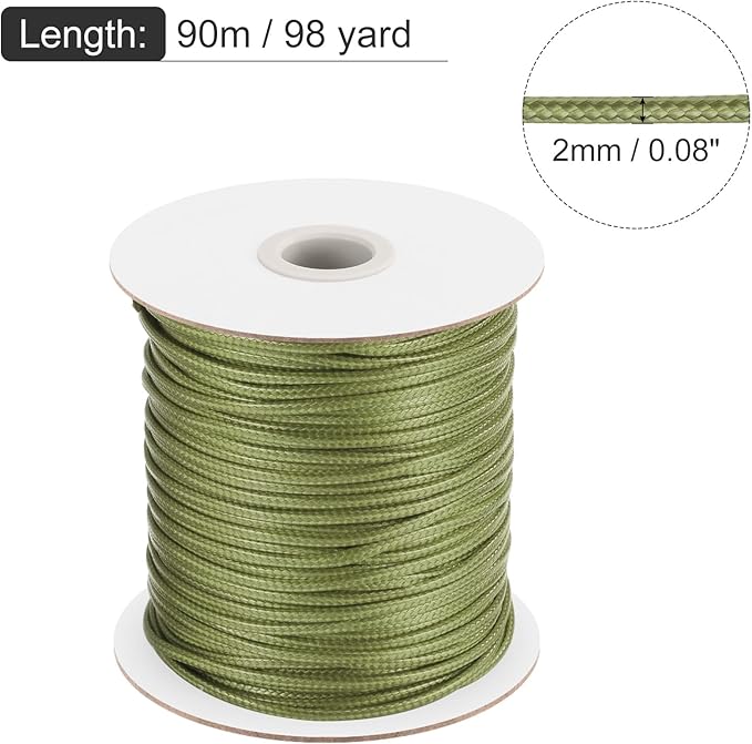 MECCANIXITY Waxed Cord 2mm Waxed Polyester Cord 98 Yard Wax String for Bracelet Making, Necklaces, Beading, Jewelry Making and DIY Crafts(Army Green)