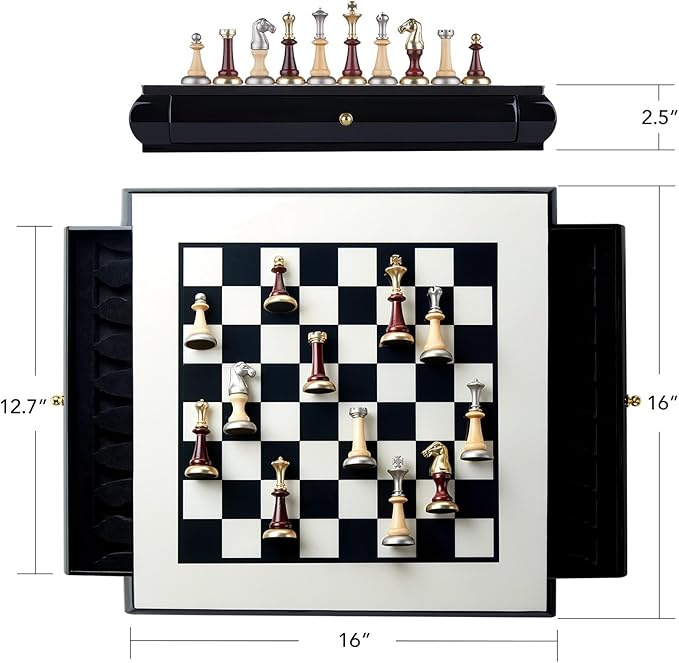 AMEROUS 16 Inches Wooden Chess Set, Large Size Board with 2 Built-in Storage Drawers - 2 Extra Queens - Metallic & Wooden Chess Pieces - Gift Packaging, Board Games for Adults and Kids