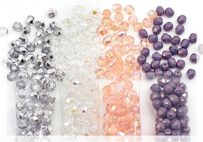 460+ Bead Kit of 4mm Bracelet Beads - Faceted Fire Polished Glass Beads for Jewelry Making Set, 4 Colors: Pink AB, Purple Luster, Crystal AB, Half Silver