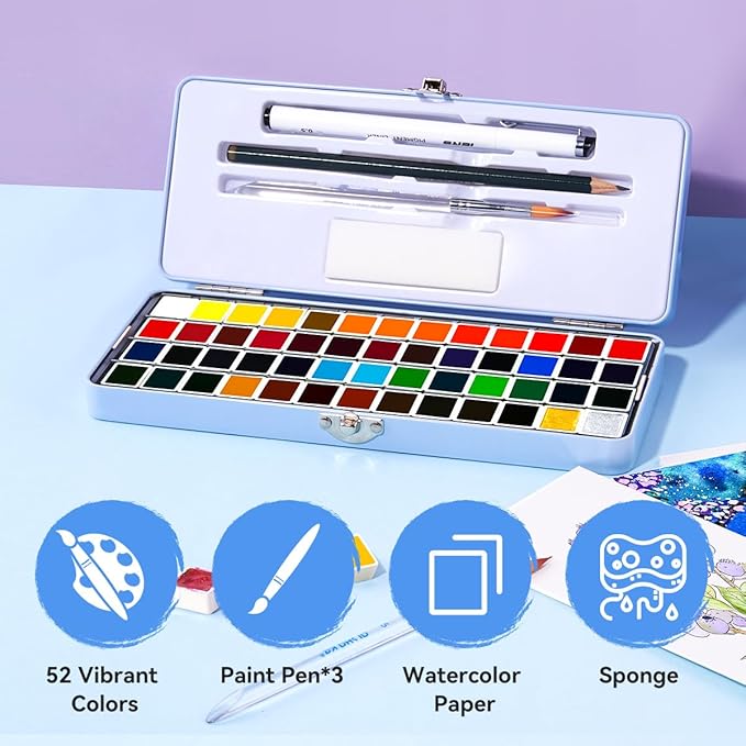 MeiLiang Watercolor Paint Set 52 Colors in Half Pans with Drawing Pencil, Paint Brushes, 5 Watercolor Paper, Sponge, Black Drawing Pens, Art Supplies for Adults Travel Watercolor & Blue Box