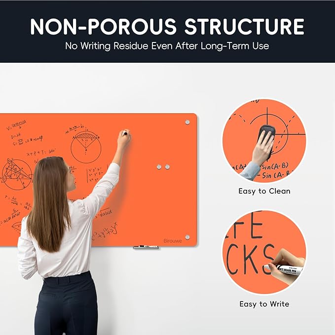 Magnetic Glass Whiteboard - Glass Dry Erase Board 48"x36" Large Frameless Glass Board for Walls Office School and Home, Orange
