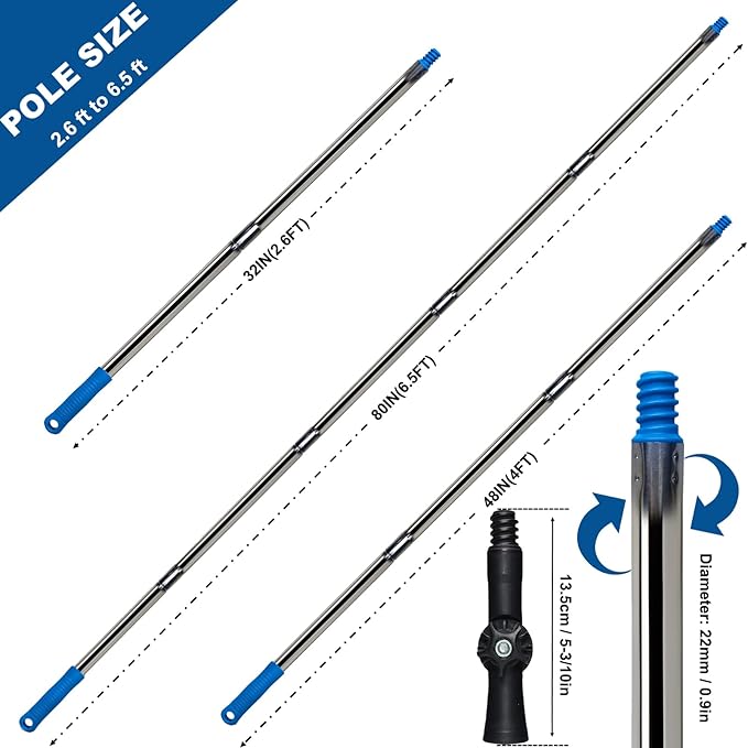 6.5 Ft Extension Pole + Joint Angle Adaptor, Paint Roller Stainless-Steel Threaded Splicing Extension Poles for Hand Drywall Sander Wall Cleaning and Polishing Paint Roller Brushes (6.5 Feet)