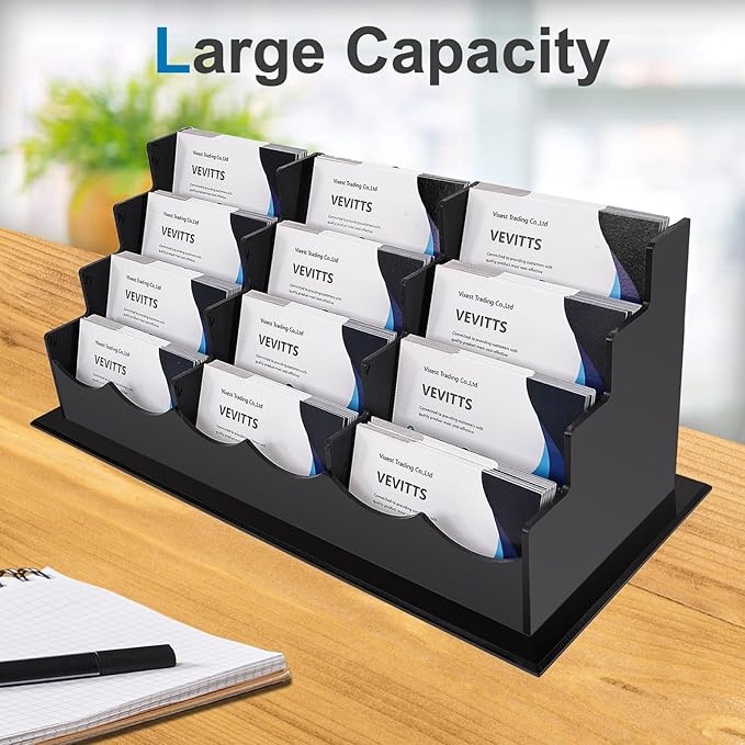 Business Card Holder, Acrylic Business Card Display, Clear Desktop Business Card Stand for Exhibition, Home & Office Black 4 Tiers 12 Slots