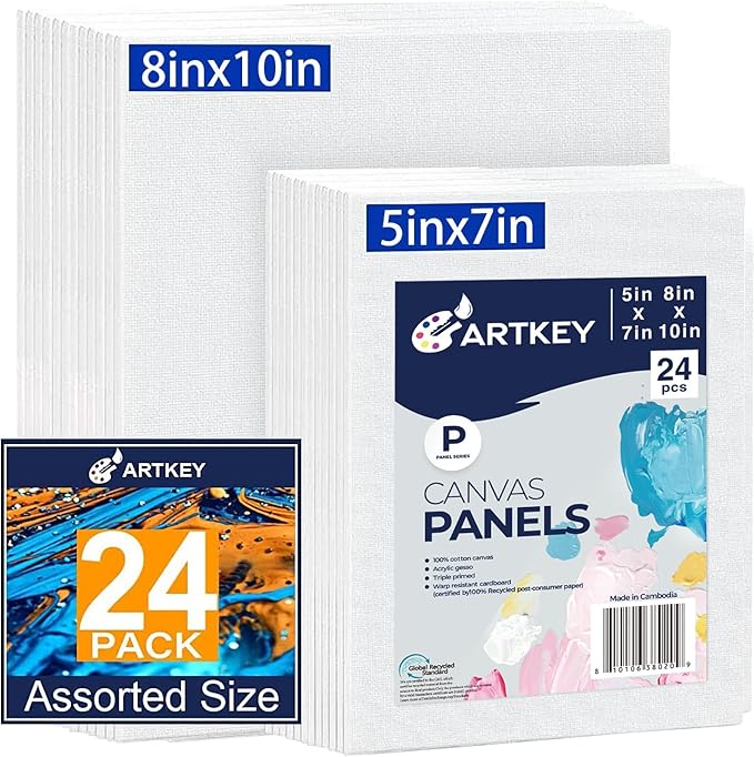 Artkey Canvas Panels 24-Pack 5x7, 8x10 Inch, 10 oz Primed 100% Cotton Paint Canvases for Painting, White Blank Flat Canvas Boards for Acrylics Oil Watercolor Tempera Paint