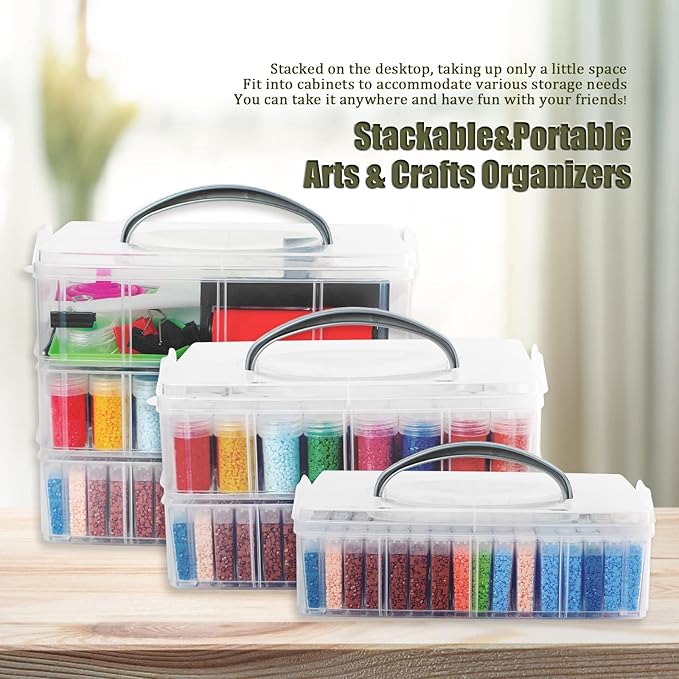 Douorgan 3-Tier Diamond Painting Storage Containers Diamonds Organizers and Storage Stackable Diamond Painting Tools Box Portable Diamond Beads Storage Box, 80+40 Slots with Tool Set