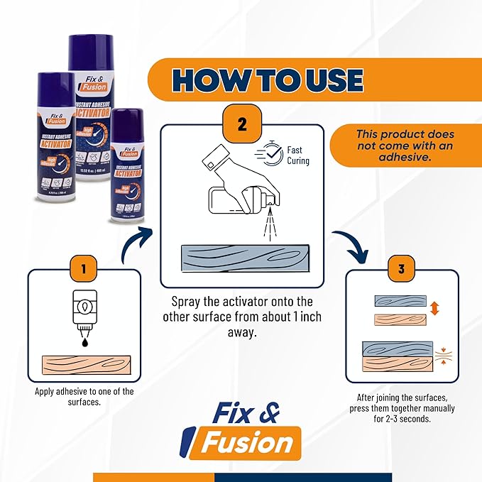 FIX & FUSION Activator Spray (3.38 Fl Oz), Instant Cure Accelerator for Cyanoacrylate (CA) Super Glue for Wood, Plastic, Rubber, Granite, and DIY & Professional, Accelerates Bonding Strength, (2 Pack)