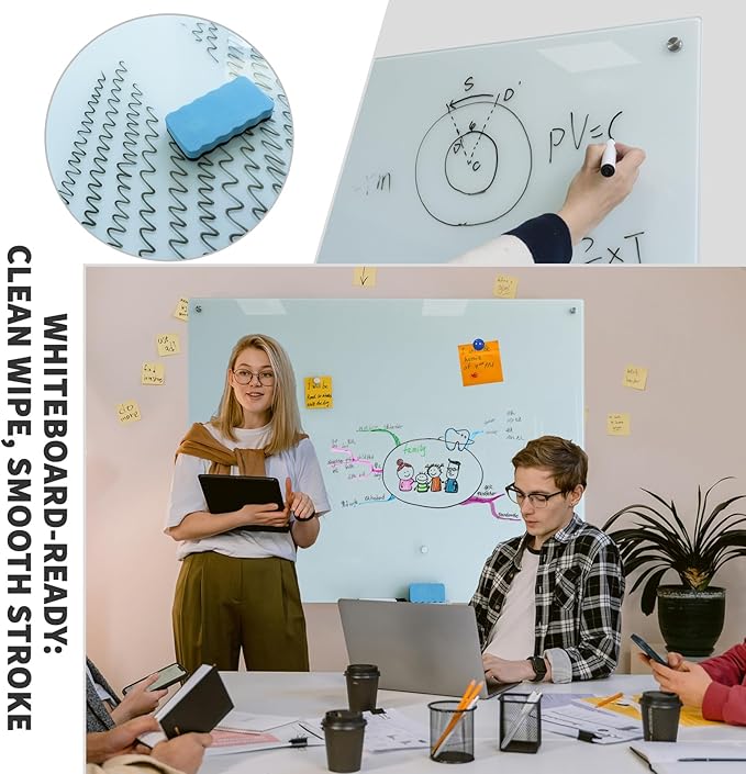 Magnetic Whiteboard Glass Writeboard 40"x60" Tempered Glass Dry Erase Board Wall Mounted Frameless Glass Whiteboard Writing GlassBoard for Office School Home (White)