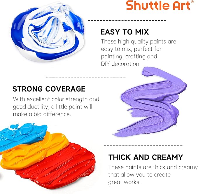 Shuttle Art 100 Colors Acrylic Paint, 2oz/60ml Bottles, Include 2 Sets of 12 Paint Brushes, 1 Art Sponge & Palette, Premium for Artists, Beginners & Kids on Canvas Rocks Wood Ceramic