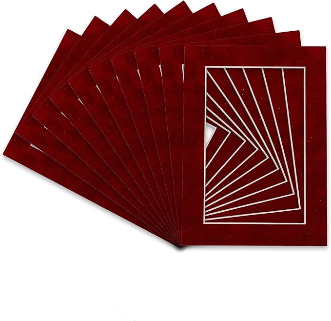 Pack of Ten Acid Free 8x10 Mats Bevel Cut for 5x8 Photos - Bright Red Suede Precut Matboards With Backing Boards and Self Seal Photo Mat Bags For Pictures, Photos, Framing - 4-ply Thickness
