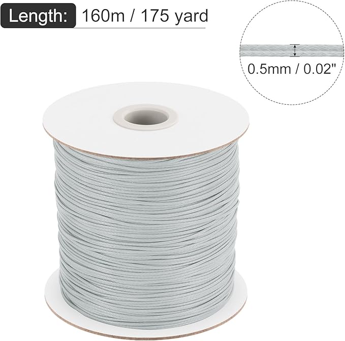 MECCANIXITY Waxed Cord 0.5mm Waxed Polyester Cord 175 Yard Wax String for Bracelet Making, Necklaces, Beading, Jewelry Making and DIY Crafts(Light Grey)