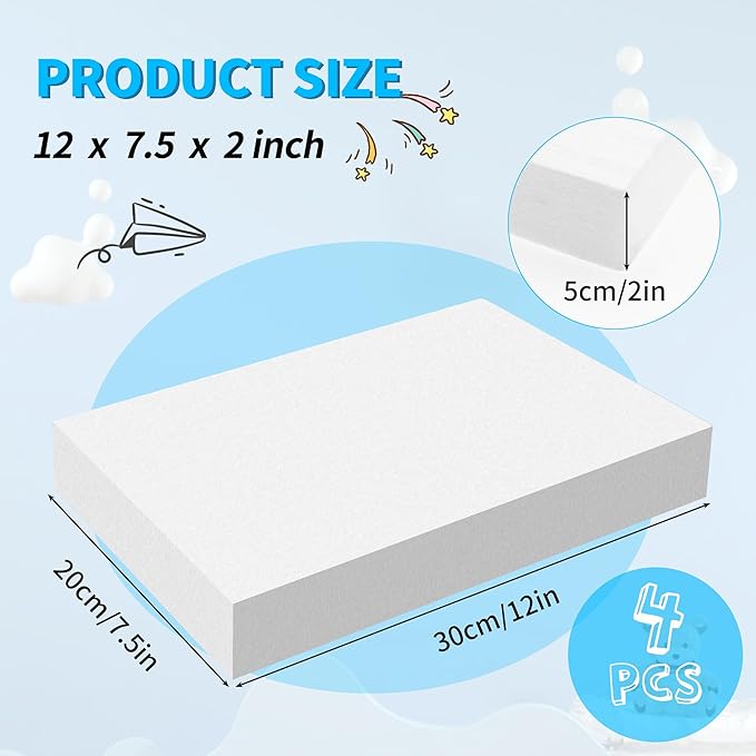 LuckyFoam White 4 Pack 12x7.5x2 inch Foam Sheets 2 Inch Thick Polystyrene Rectangles XPS Foam Board Craft for Insulating DIY Modeling Art Supplies