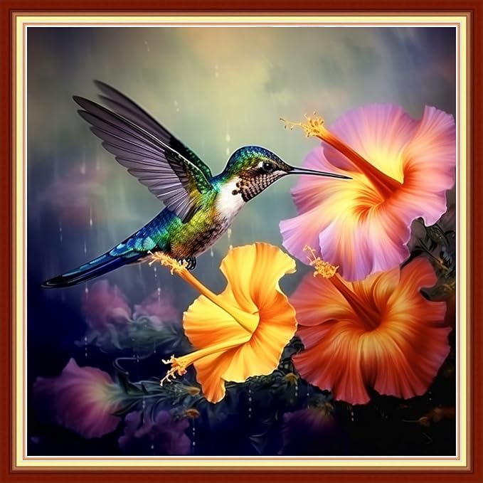 Foxdiviy Stamped Cross Stitch Kits Full Range of Embroidery Needlework Starter Kits for Beginners Adults 11CT Embroidery Patterns Art Crafts DIY Needlepoint Kits-Flower Hummingbird 18x18 inch