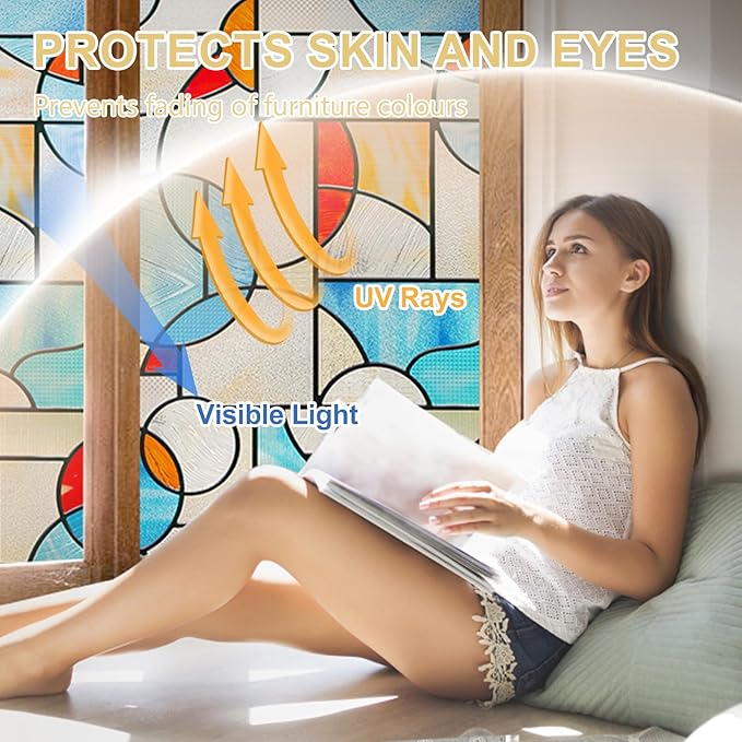 3D Stained Glass Window Privacy Film, Heat Control UV Blocking Static Cling Decorative Window Film for Bathroom,Front Door,Home Non Adhesive,23.6 x 35.4 inches Mondrian Fantasy
