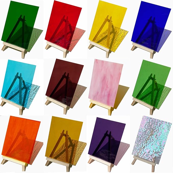 ILLUCKAI 12 Sheets Rainbow Transparent Stained Glass Sheet, 4 x 6 inch Cathedral Art Glass Supplies for Stained Glass Projects and Mosaic Making Crafts