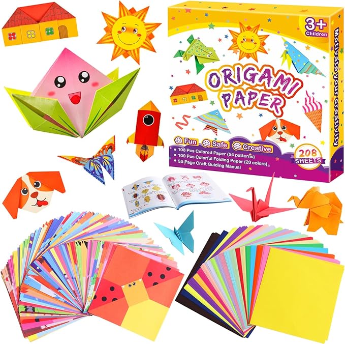 Pigipigi Kids Craft Origami Paper Kit for Kids Ages 5-8 8-12, with Guiding Book, 208 Sheets DIY Art and Crafts Supplies, Colorful Folding Papers Set Projects Gifts Activity for Boy Girl Toys(Cartoon)