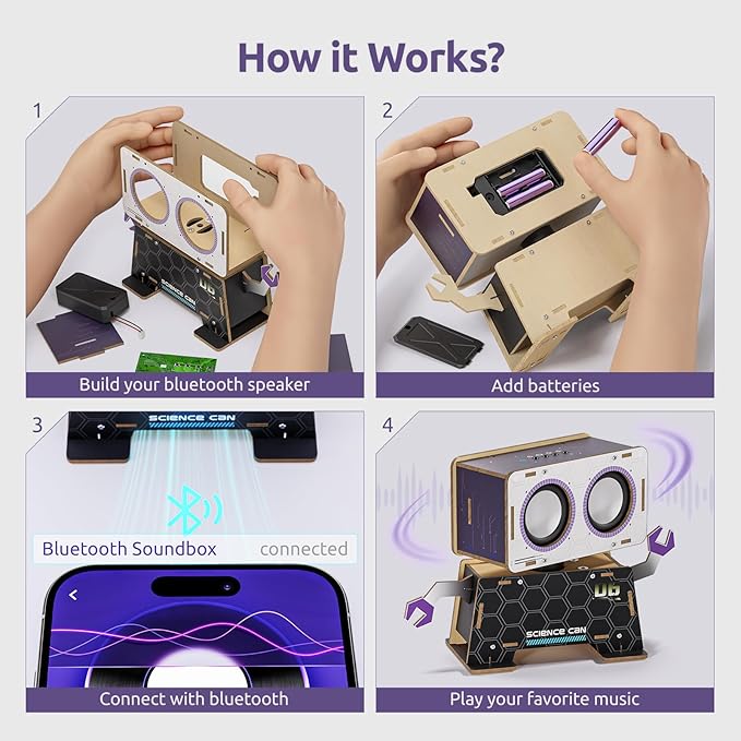 Science Can Stem Toys DIY Bluetooth Speaker, Build Your Robot Bluetooth Speaker with Rotating Head, Electronic STEM Kits with Wooden Puzzles, Gift for Teens Boys & Girls Ages 8-14