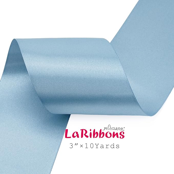 LaRibbons Light Blue Satin Ribbon 3 Inch 10 Yards Double Faced Luxury Baby Blue Silk Ribbon for Gift Wrapping Flower Bouquets Bow Christmas Wedding Party Decoration