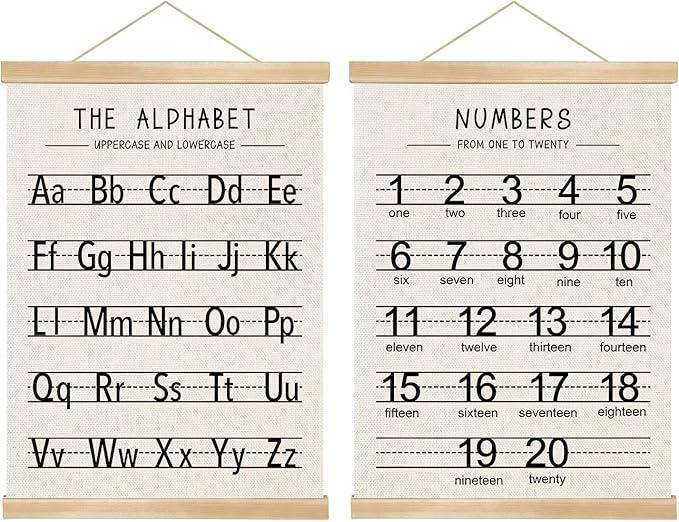 Alphabet and Numbers Wall Chart Set of 2 ,Kids Educational Posters,ABC and 1-20 Number Learning Banners for Toddlers, Preschool Classroom, Homeschool, Nursery, Playroom Decor 14 x 18.5 Inch (Black)