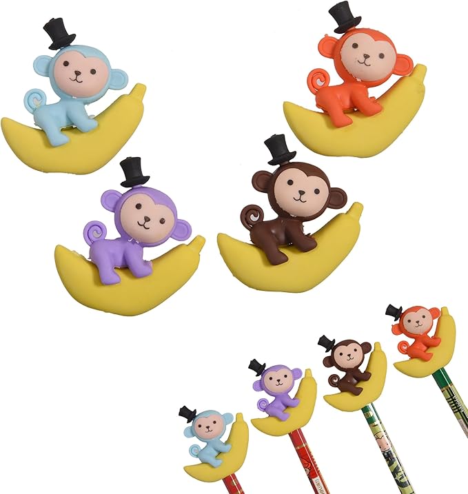 HILAZA 16Pcs Pencil Top Erasers for Kids, 3D Cute Monkey Pencil Toppers, Bulk Fun Pencil Cap Easters for School Classroom Supplies Prize Gifts Party Favors
