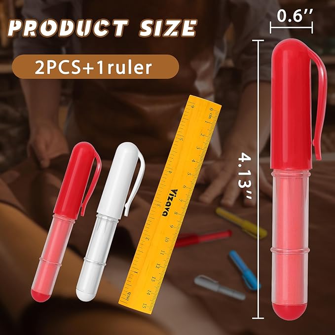 Fabric Chalk Markers for Sewing,Quilting,Crafting|Erasable Tailor Chalk|Work on Various Fabrics|Dosing Wheel Drawing Precise Line(2pk Red,White professional tailors chalks pencil&1Ruler)