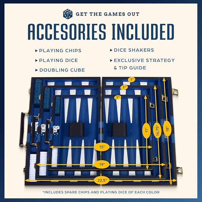 Get The Games Out Top Backgammon Set - Classic Board Game Case 15" Medium Size - Best Strategy & Tip Guide - Available in Small, Medium and Large Sizes (Blue, Medium)