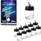 Master Airbrush (Pack of 10) TB-002 Empty 3/4 Ounce (22cc) Glass Jar Bottles with 30° Down Angle Adaptor Lid Assembly - Fits Dual-Action Siphon Feed Airbrushes, Use with Master, Badger, Paasche, Iwata