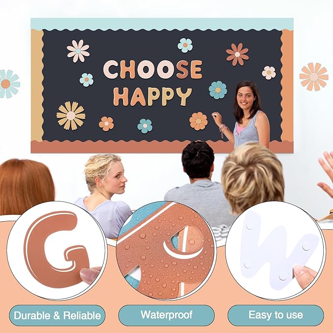 221 Pcs Bulletin Board Letters Round Alphabet Number Punctuation Symbol Combo Letter Cutouts Classroom Decoration for School Classroom Chalkboard Poster Board(Retro Boho)