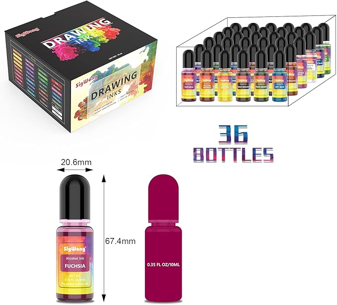 Alcohol Ink Set - 36 Bottles Vibrant Colors High Concentrated Alcohol-Based Ink, Concentrated Epoxy Resin Paint Colour Dye Great for Resin Petri Dish, Coaster, Painting, Tumbler Cup Making(10ml Each)