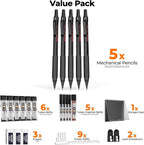 Nicpro 22PCS Art Mechanical Pencil Set, Black Artist Metal Drafting Pencil 0.5 & 0.7 & 0.9 mm & 2PCS 2mm Graphite Lead Holder(4B 2B HB 2H) for Drawing Writing Sketching With Lead Refills Erasers Case