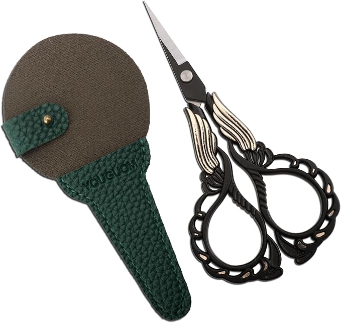 Embroidery Scissor with Case, Yarn Scissors for Sewing Craft Cross Stitch Crochet, Detail Shears Threading Snips Vintage Golden Black