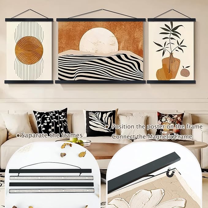 Artmag Magnetic Poster Hanger Frame, 35x25 35x24 35x48 Light Wood Wooden Magnet Canvas Artwork Print Poster Hangers Frames Hanging Kit (Black, 35")