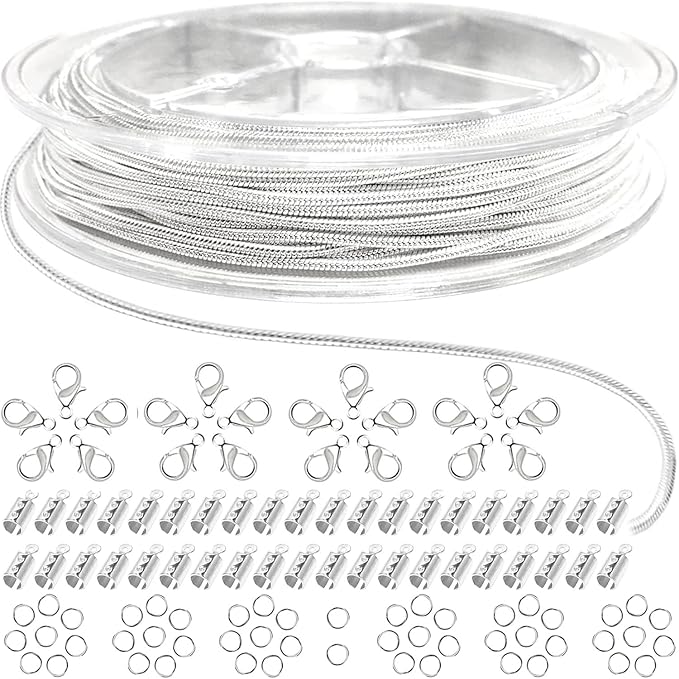 Jishi 33ft Silver Snake Chain 1.2mm Jewelry Making Chains for Necklace Bracelet DIY Jewelry Supplies Findings - Silver Plated Round Snake Cable Chain Link Roll w/Lobster Clasps, Cord Ends & Jump Rings
