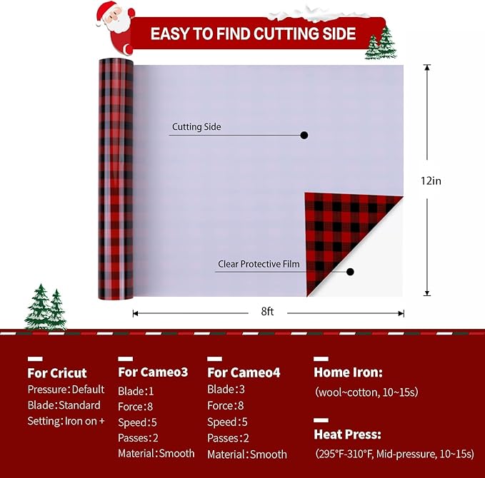 HTVRONT Christmas HTV Vinyl Rolls Heat Transfer Vinyl - 12" x 8ft Buffalo Plaid HTV, Iron on Vinyl for T Shirt and Christmas Decorations (Red and Black Plaid)