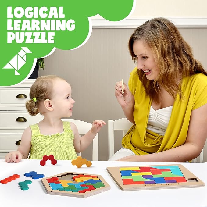 Yunsailing 3 Pack Hexagon Wooden Puzzle Wood Russian Blocks Tangram Puzzle Brain Teaser Puzzles Geometric Jigsaw Block Russian Blocks Logic IQ STEM Toy for All Ages Kid Adult (Fancy)