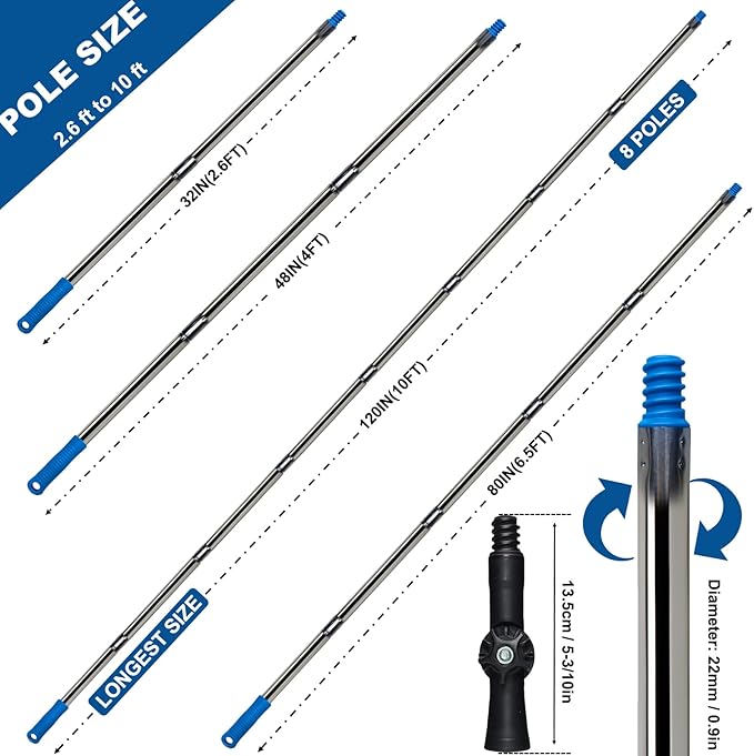 10 Ft Extension Pole +Joint Angle Adaptor, Paint Roller Stainless-Steel Threaded Splicing Extension Poles for Hand Drywall Sander Wall Cleaning and Polishing Paint Roller Brushes (10 Feet)