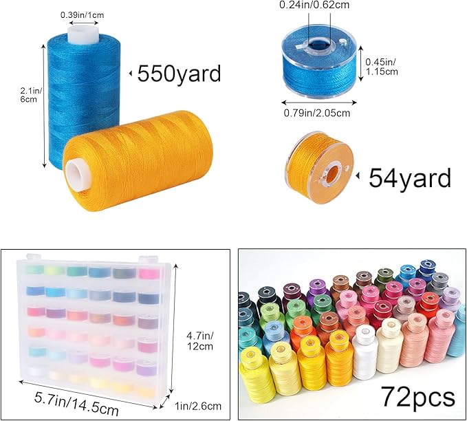 72 Pcs 36 Colors Sewing Thread Assortment, 550 Yards Polyester Thread for Sewing with 50 Yards Prewound Bobbins Threads, Threads for Machine Hand DIY Beginners, Stitching, Home