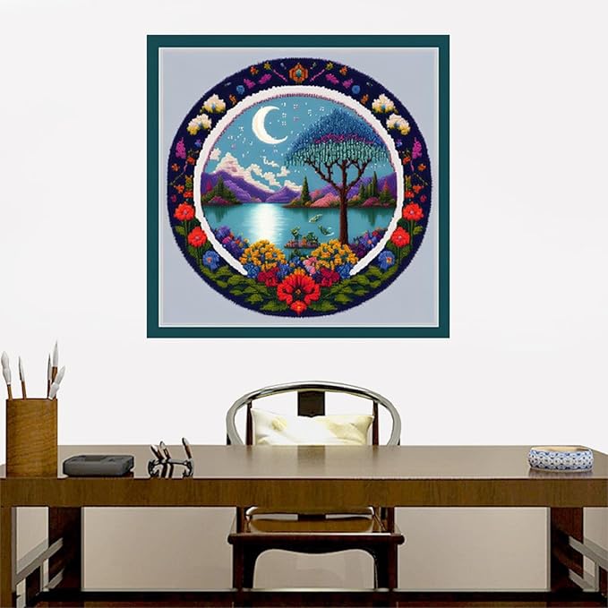 Joyhoor Cross Stitch Kits for Beginners, Stamped Cross-Stitch Supplies, Needlework, Preprint Embroidery Kits, Adults DIY Needlepoint Kits, Embroidery Patterns 11CT-Wreath Moon 17.7x17.7 inch