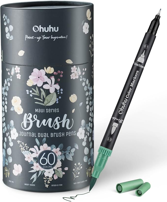 Ohuhu Markers for Adult Coloring Books No bleeding 60 Colors Coloring Markers Water-based Dual Tips Fineliner & Brush Drawing Pens Art Markers for Kids Adults Sketch Journal - Maui - Black