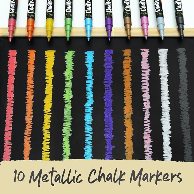 Chalkola Extra Fine Tip Metallic Chalk Markers (10 Pack, 1mm Point) - Liquid Chalk Pens for Chalkboard, Blackboard, Bistro Menu, Car Windows, Glass, Acrylic Board - Thin Erasable Wet Erase Paint Ink
